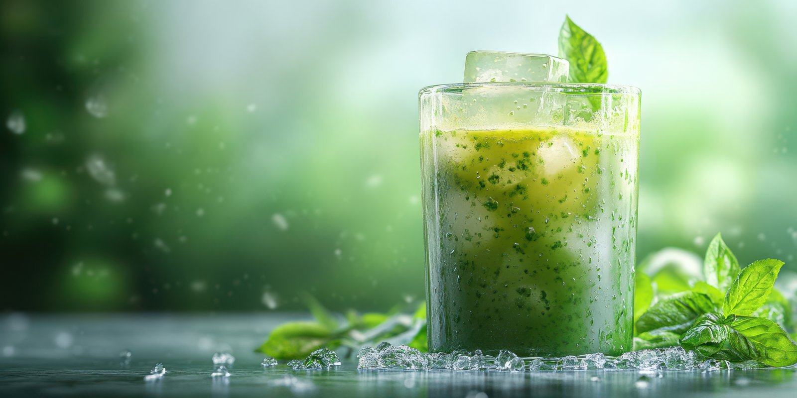 Refreshing green smoothie with mint leaves and ice cubes on a dark surface in a natural setting